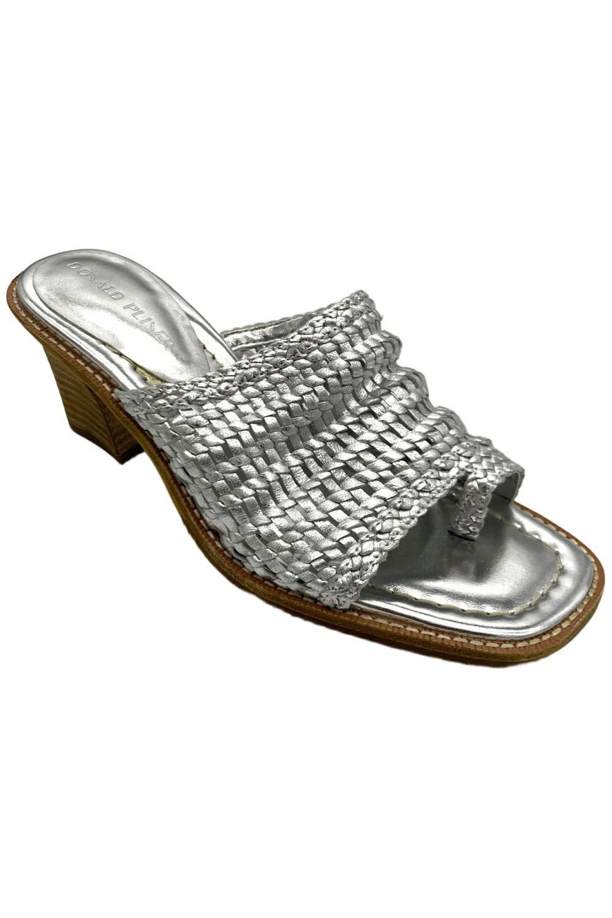 Donald Pliner Women's Jin Slip-On Heel Sandals Woven Leather Silver - Medium
